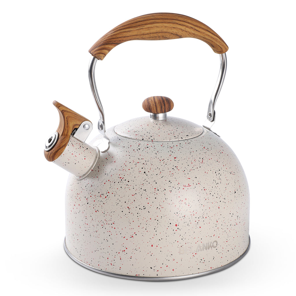Poliviar Tea Kettle, 2.7 Quart Natural Stone Finish with Wood Pattern Handle Loud Whistle Food Grade Stainless Steel Teapot