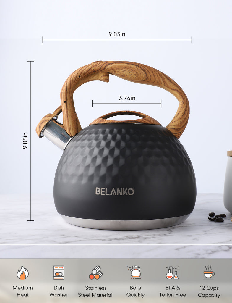 BELANKO™ 2.7 Quart Whistling Diamond Tea Kettle - Black